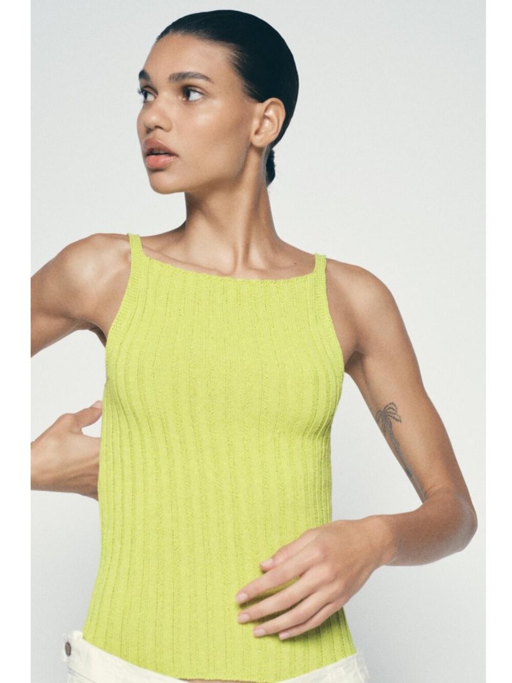 New ZARA Lime Green Knit Top Square Neckline Thin Straps Ribbed Women's sz Small